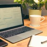 コードを表示したノートパソコンと植物のイメージ写真